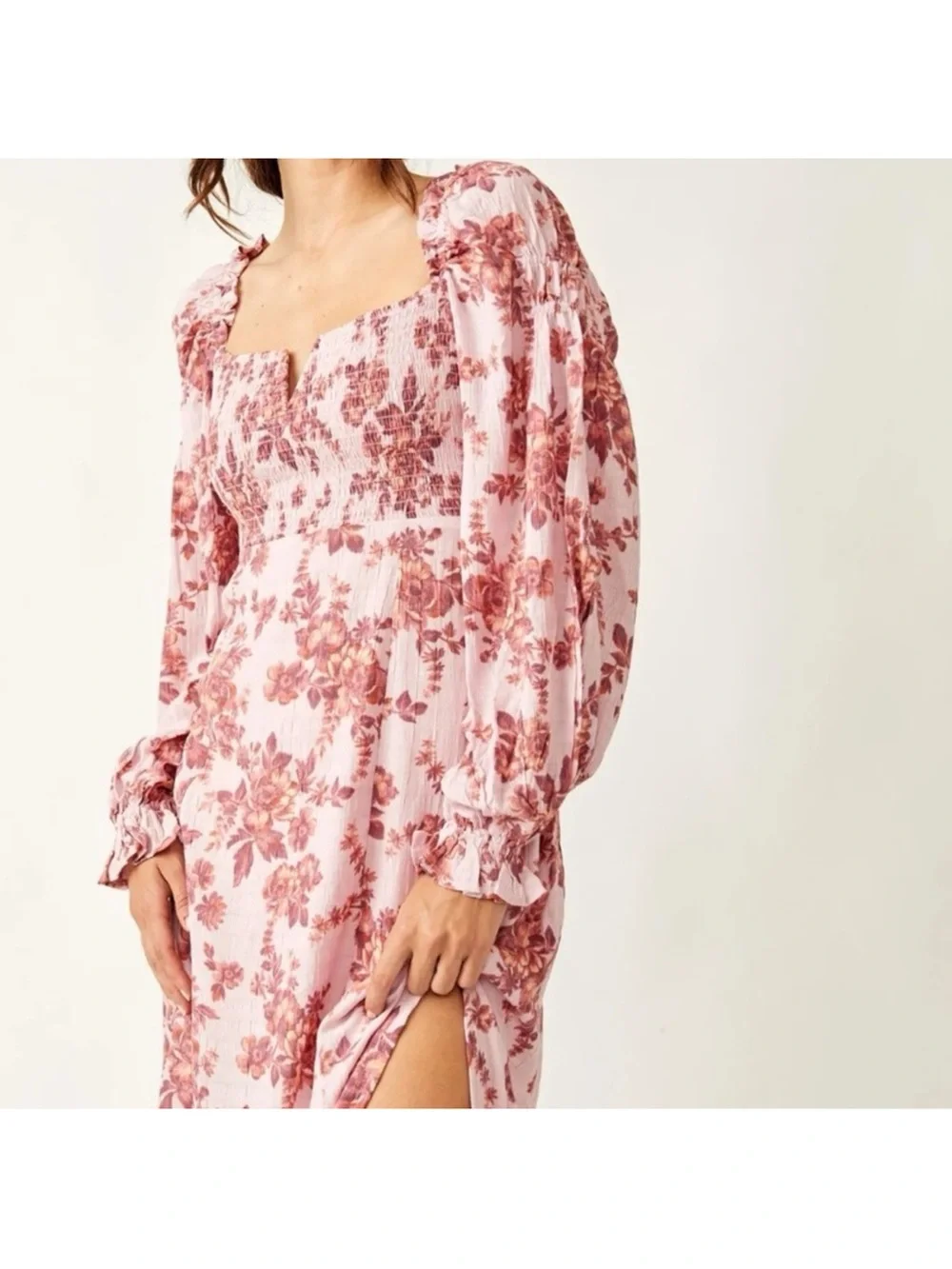 Free People Pink Floral Maxi Dress with Long Sleeves